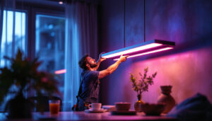A photograph of a lighting contractor installing a sleek