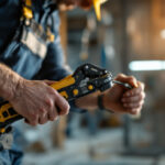A photograph of a skilled electrician using a wire puller in a well-lit construction site