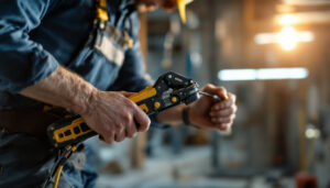 A photograph of a skilled electrician using a wire puller in a well-lit construction site