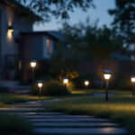 A photograph of a well-lit outdoor space at dusk