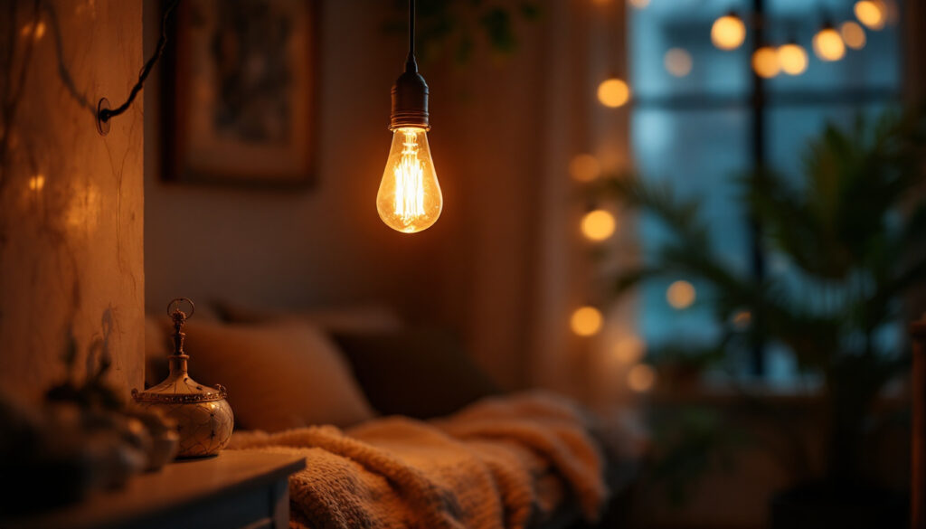 A photograph of a warmly lit room showcasing a vintage incandescent bulb illuminating a cozy