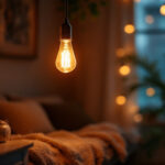 A photograph of a warmly lit room showcasing a vintage incandescent bulb illuminating a cozy