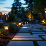 A photograph of a beautifully lit outdoor space at dusk