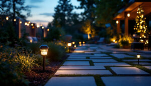 A photograph of a beautifully lit outdoor space at dusk