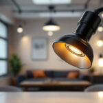A photograph of a stylish and modern lighting fixture featuring a head receptacle prominently displayed
