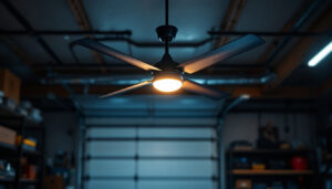 A photograph of a well-lit garage featuring a stylish ceiling fan in action