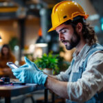 A photograph of a lighting contractor installing or demonstrating the illuminated wired wave sensor in a modern setting