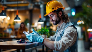 A photograph of a lighting contractor installing or demonstrating the illuminated wired wave sensor in a modern setting