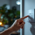 A photograph of a lighting contractor adjusting a fan speed control switch in a well-lit residential setting
