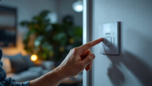 A photograph of a lighting contractor adjusting a fan speed control switch in a well-lit residential setting