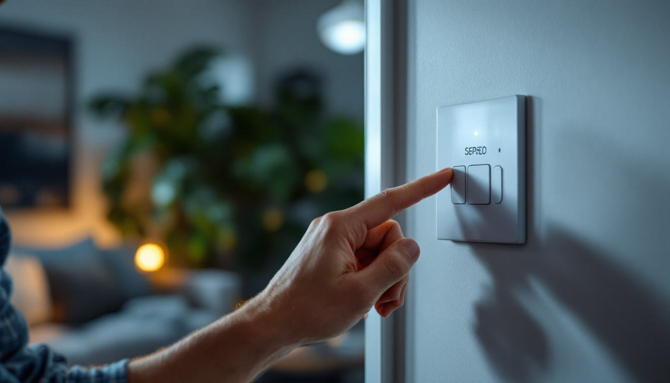 A photograph of a lighting contractor adjusting a fan speed control switch in a well-lit residential setting