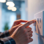 A photograph of a lighting contractor expertly adjusting a 0-10v dimmer in a well-lit environment