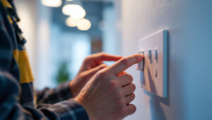 A photograph of a lighting contractor expertly adjusting a 0-10v dimmer in a well-lit environment