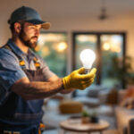 A photograph of a lighting contractor installing a type a led bulb in a modern residential setting