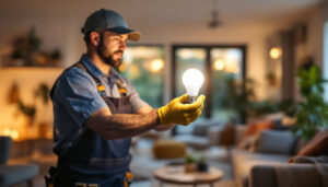 A photograph of a lighting contractor installing a type a led bulb in a modern residential setting