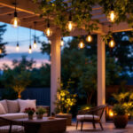 A photograph of a beautifully lit outdoor space featuring stylish flush mount lighting fixtures