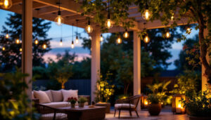 A photograph of a beautifully lit outdoor space featuring stylish flush mount lighting fixtures