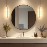 A photograph of a stylish vanity light fixture in an elegantly designed bathroom setting