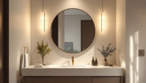 A photograph of a stylish vanity light fixture in an elegantly designed bathroom setting