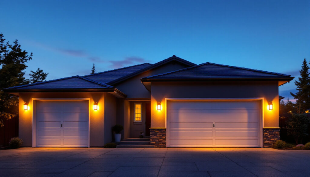 A photograph of a well-lit garage exterior at dusk