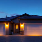 A photograph of a well-lit garage exterior at dusk