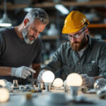 A photograph of a lighting contractor inspecting various light globe bases in a well-lit workshop