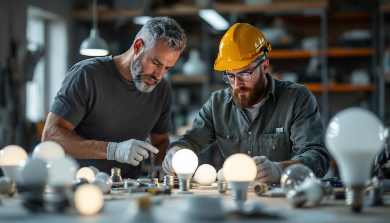 A photograph of a lighting contractor inspecting various light globe bases in a well-lit workshop