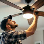 A photograph of a skilled lighting contractor expertly installing or adjusting a stylish hunter fan company ceiling fan with integrated lighting in a modern home setting