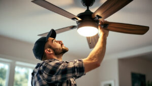 A photograph of a skilled lighting contractor expertly installing or adjusting a stylish hunter fan company ceiling fan with integrated lighting in a modern home setting