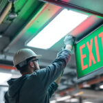 A photograph of a lighting contractor installing or inspecting illuminated green and red exit signs in a commercial building