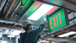 A photograph of a lighting contractor installing or inspecting illuminated green and red exit signs in a commercial building