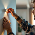 A photograph of a lighting contractor installing a dimming light switch in a modern home setting