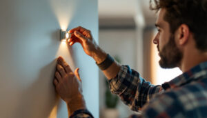 A photograph of a lighting contractor installing a dimming light switch in a modern home setting