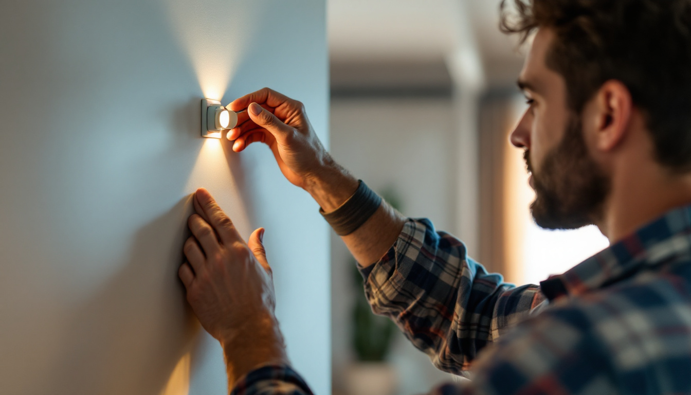 A photograph of a lighting contractor installing a dimming light switch in a modern home setting