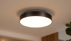 A photograph of a stylish modern flush mount light fixture installed in a contemporary interior setting