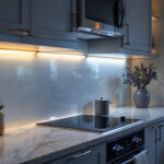 A photograph of a beautifully designed kitchen showcasing under cabinet strip lighting in action