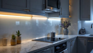 A photograph of a beautifully designed kitchen showcasing under cabinet strip lighting in action