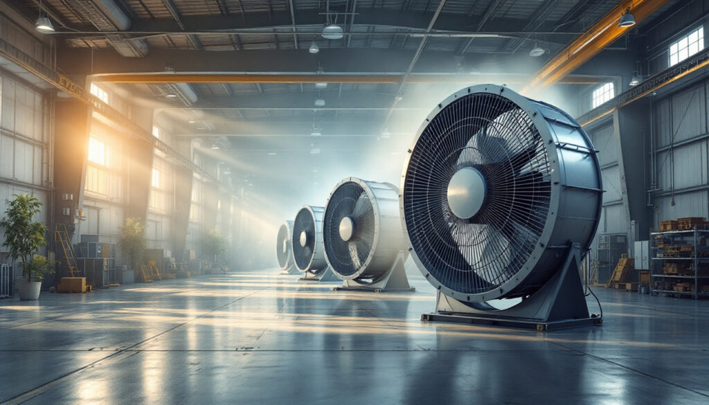 A photograph of a spacious warehouse interior showcasing large industrial fans in operation
