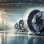A photograph of a spacious warehouse interior showcasing large industrial fans in operation