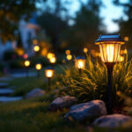 A photograph of a beautifully landscaped garden at dusk