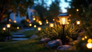 A photograph of a beautifully landscaped garden at dusk