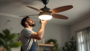 A photograph of a lighting contractor installing a stylish light fitting on a ceiling fan in a modern home setting