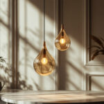 A photograph of a beautifully designed pendulum light fixture in an elegant interior setting