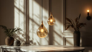 A photograph of a beautifully designed pendulum light fixture in an elegant interior setting