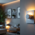A photograph of a modern light switch dimmer in a stylishly designed room