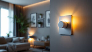 A photograph of a modern light switch dimmer in a stylishly designed room