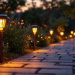 A photograph of a beautifully illuminated pathway lined with outdoor solar lights at dusk