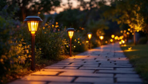 A photograph of a beautifully illuminated pathway lined with outdoor solar lights at dusk
