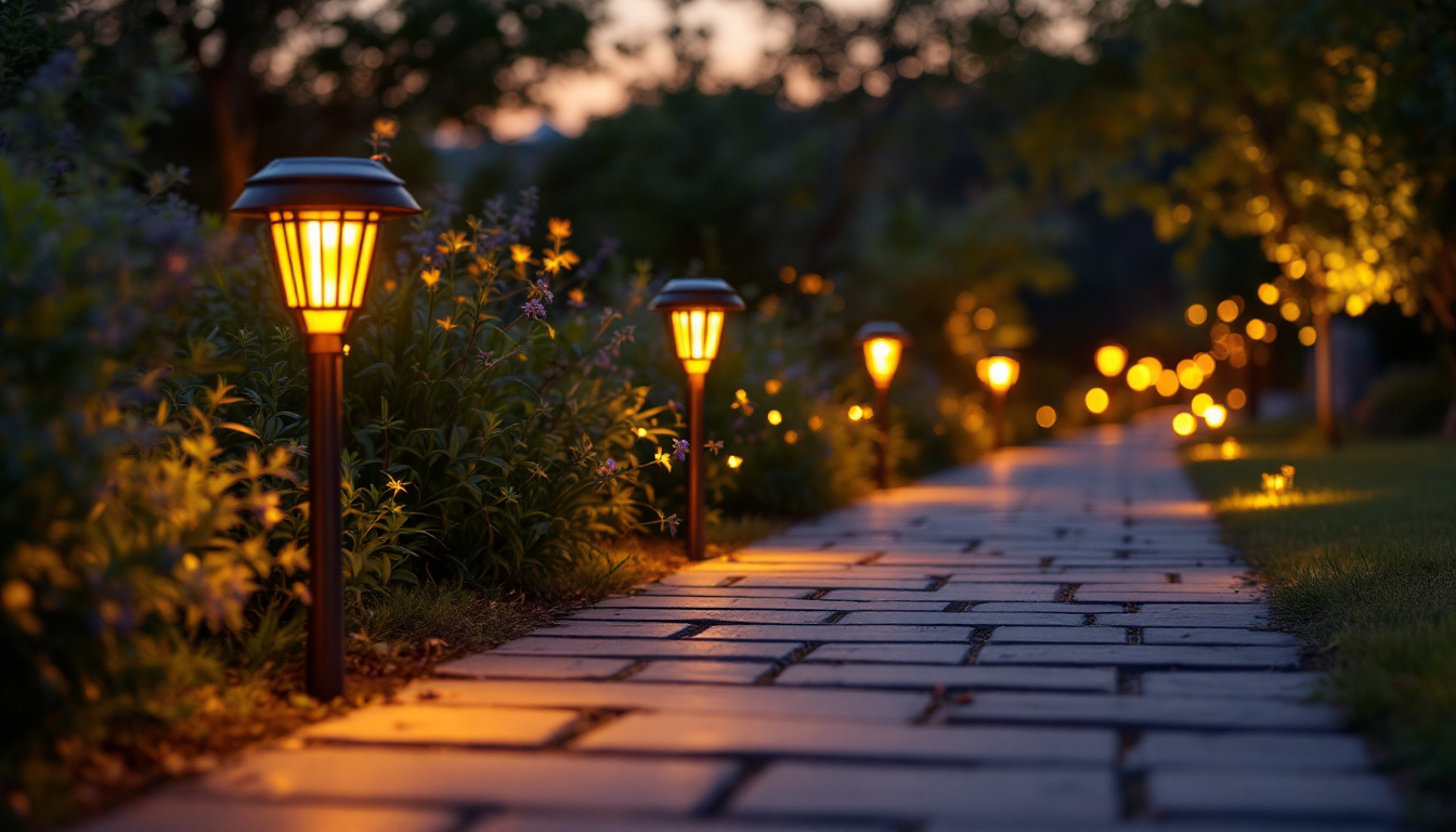 A photograph of a beautifully illuminated pathway lined with outdoor solar lights at dusk