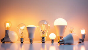 A photograph of a variety of led light bulbs displayed in an aesthetically pleasing arrangement